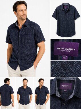 Vincent D’Amérique Purple Label Shirt L Dark Blue Textured Short Sleeve Premium